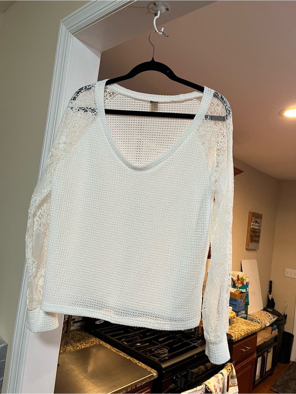 White Lace-Sleeve Knit Top - SHEIN large new with out tags